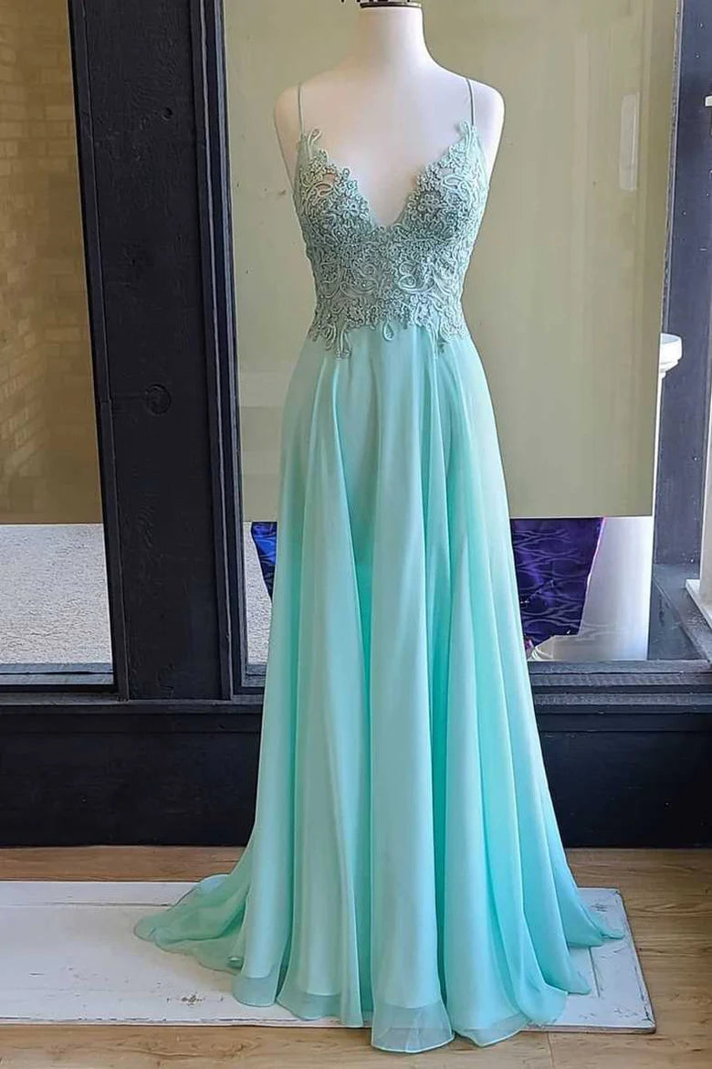 A-line Mint Green Appliques Chiffon Long Prom Dress